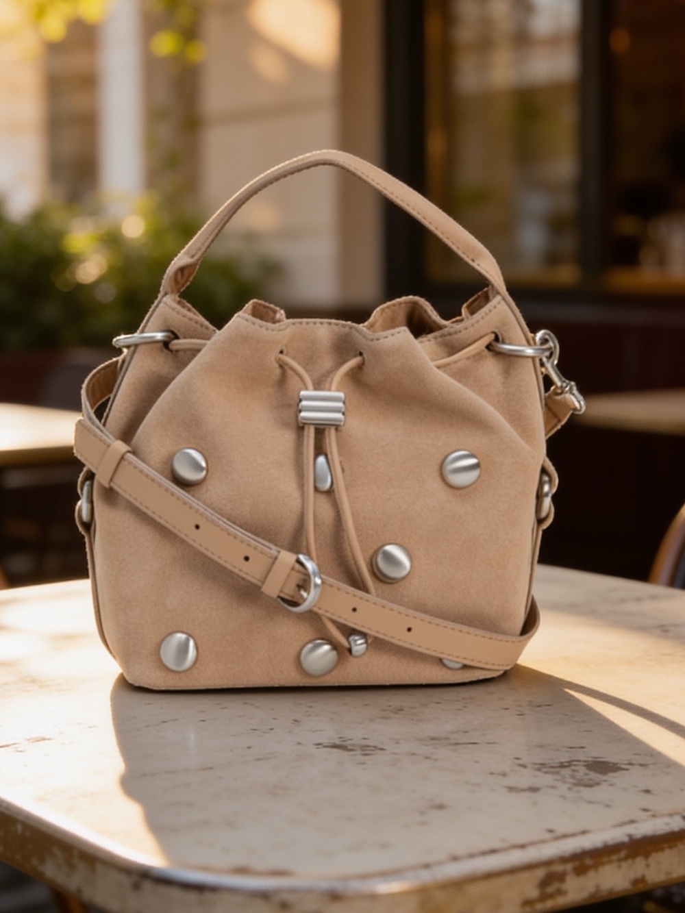 New Vince Camuto Suede Pippa Studded Bucket Bag & Silver Tone Domed Stud Accents